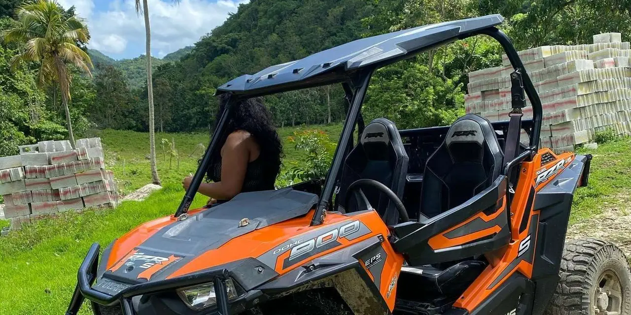 An orange-and-black UTV parked on a grassy rural track