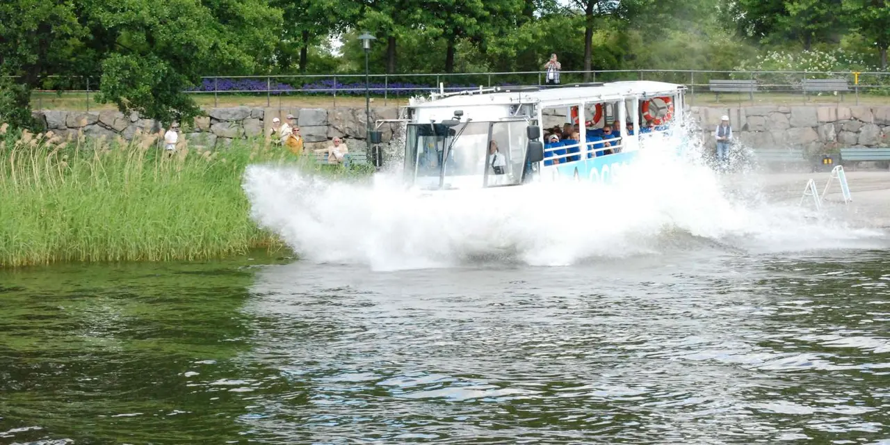 A white amphibious bus full of passengers throwing up spray as it enters the water beside a reedy shore