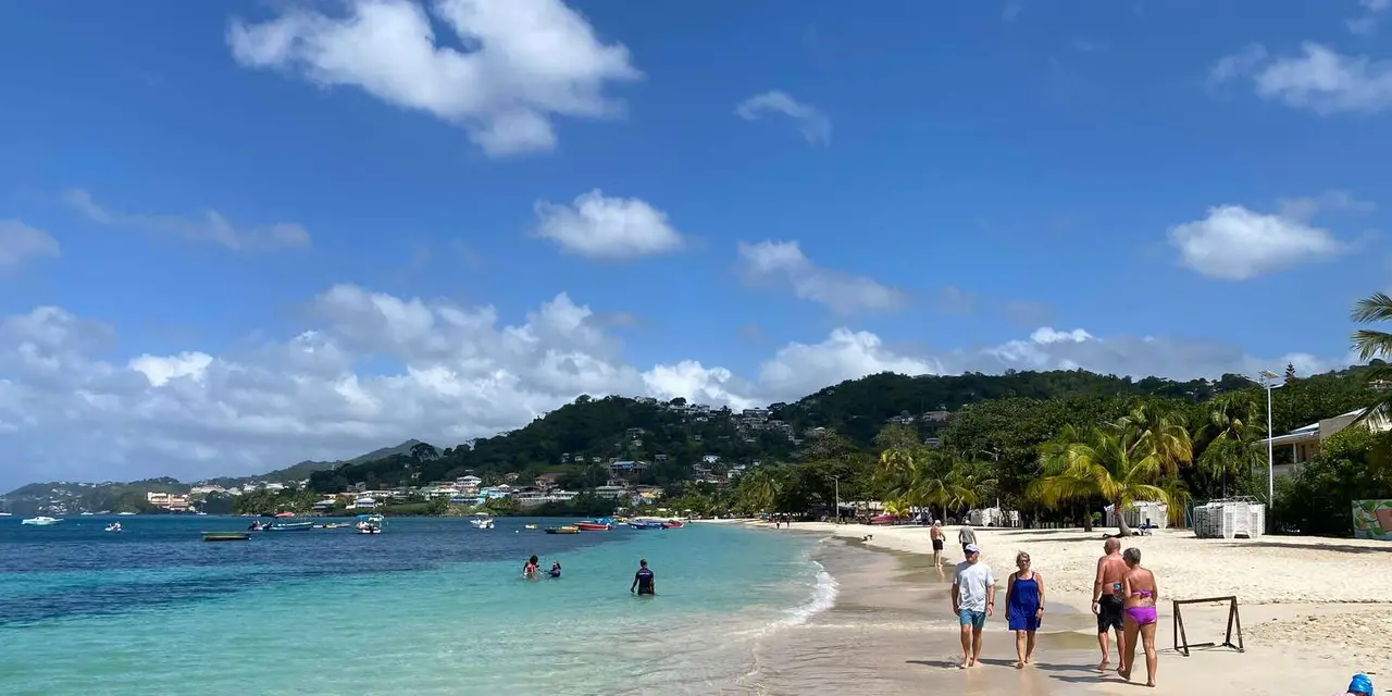 Swimmers in calm turquoise water at Grand Anse Beach with green hills behind