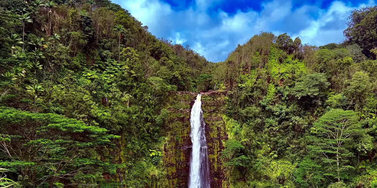 A thin waterfall falling into a deep green gorge under a blue sky