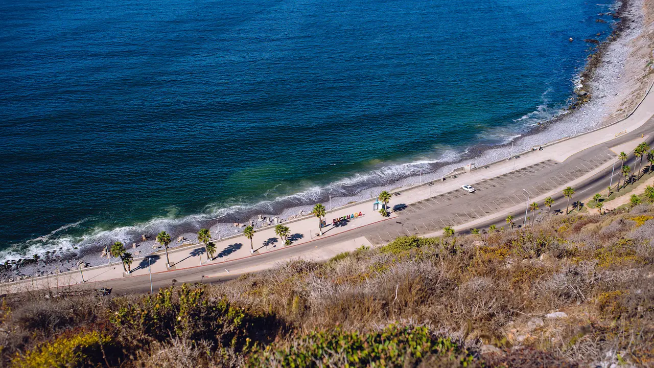 Looking down from a scrubby hillside on deep blue Pacific water breaking along a palm-lined seaside promenade in Ensenada, with a colorful ENSENADA letter sign beside the coast road