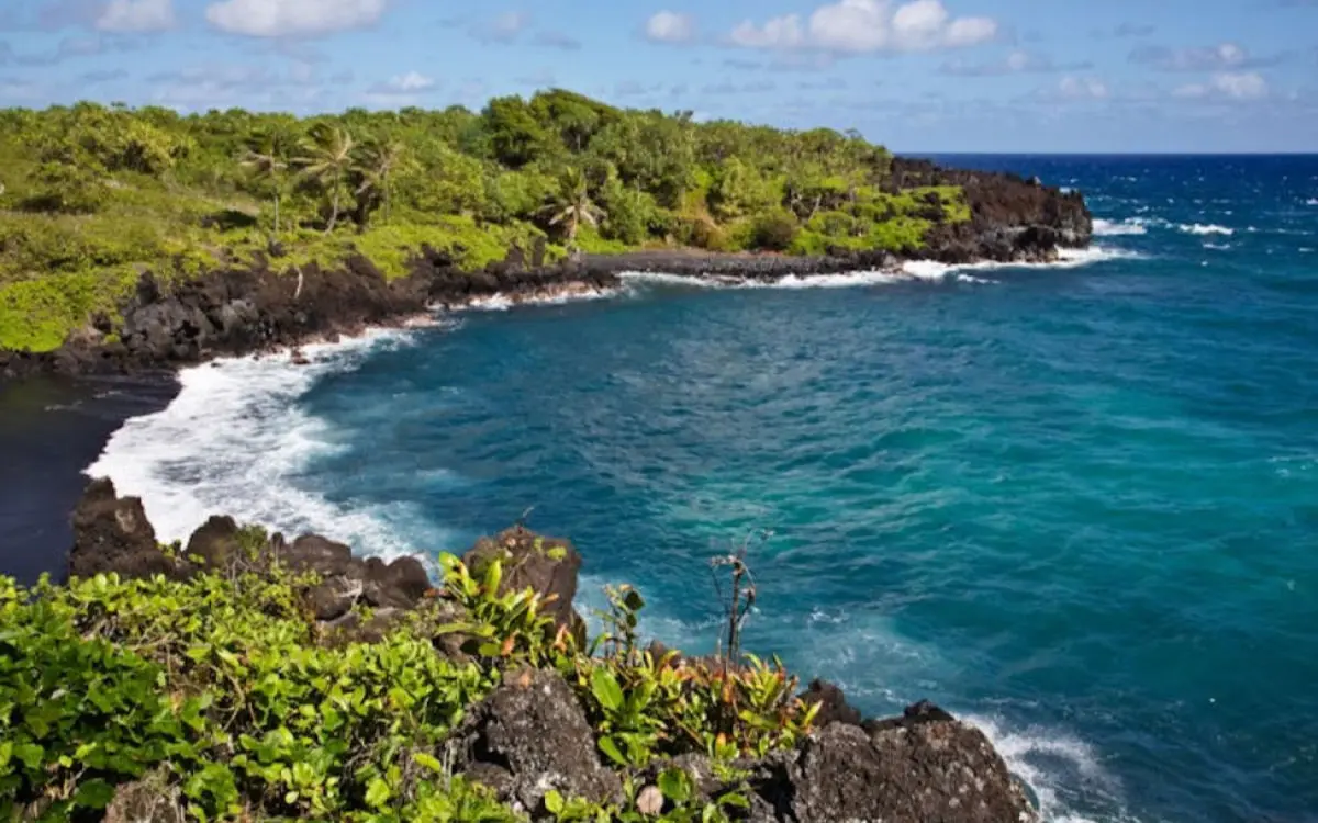 A dark lava headland covered in green shrubs curving around a deep teal bay with white surf