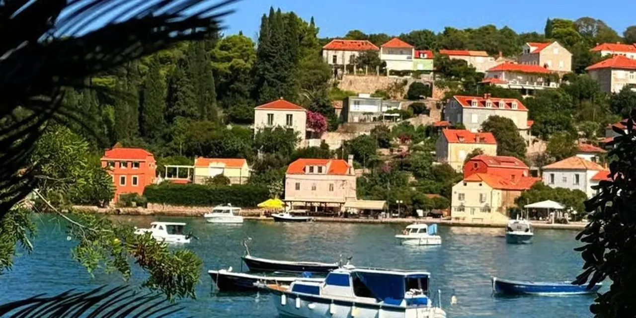 Small boats moored in a calm harbor in front of red-roofed island houses and pine trees