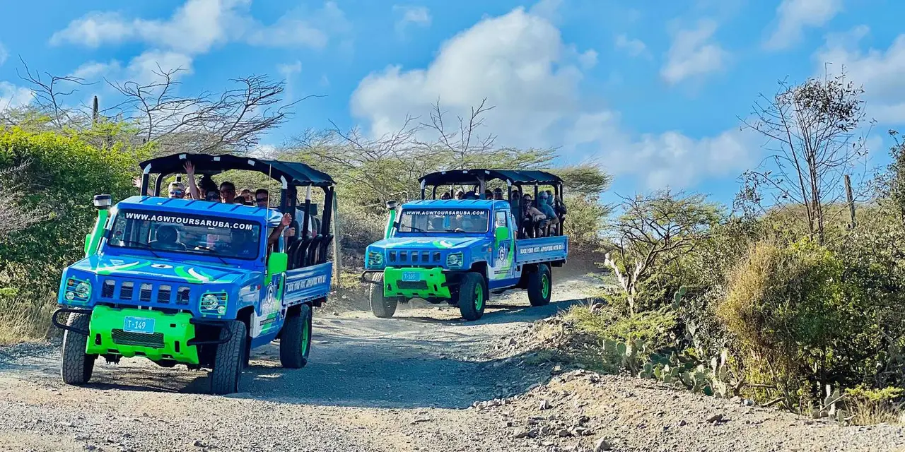 Two open-sided blue-and-green safari trucks full of passengers rolling down a gravel road through scrub and cacti