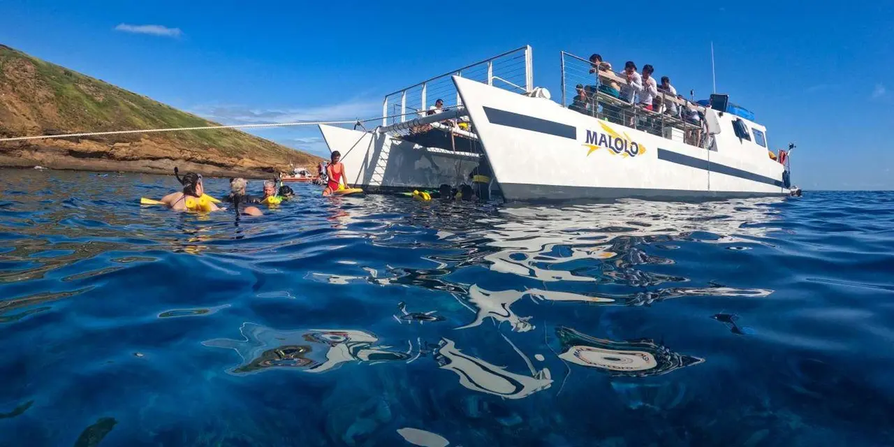 A white catamaran moored beside the green rim of a crater, with snorkelers in life vests floating in deep blue water and passengers on the upper deck