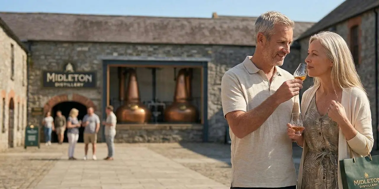 A couple raising glasses of whiskey in a stone-walled distillery courtyard