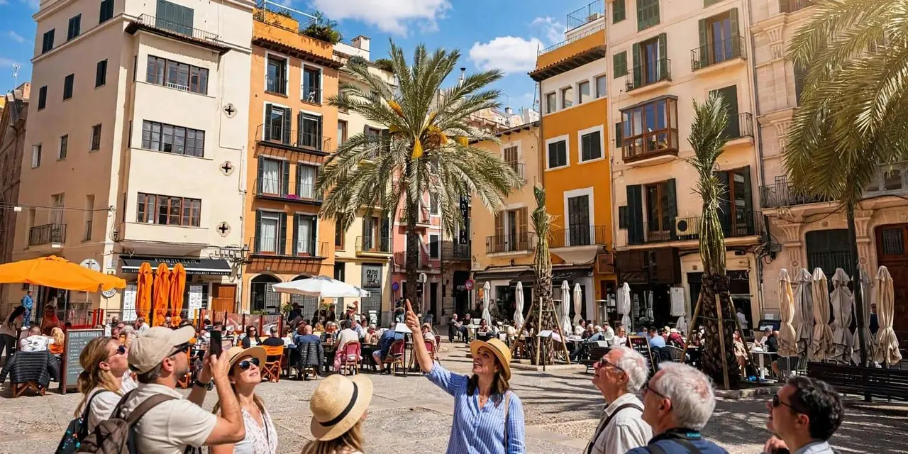 A guide talking to a group of visitors in a sunny Palma square lined with orange and yellow buildings and palm trees