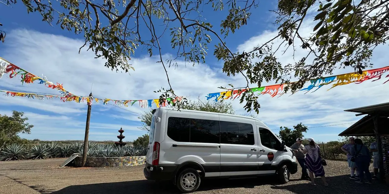 A white tour van parked on a plaza beneath a tree strung with colored paper flags, with a few people standing nearby