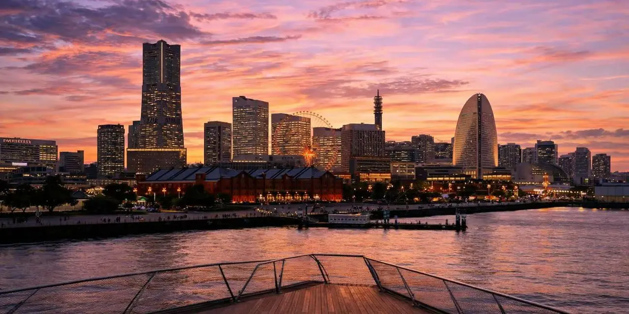 Yokohama's Minato Mirai skyline at sunset with Landmark Tower, the ferris wheel and a deck railing in the foreground under a pink and purple sky