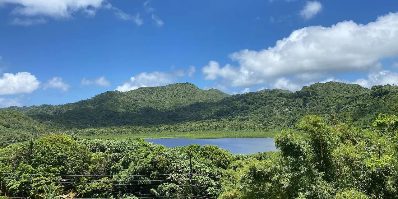 Grand Etang crater lake below forested green hills