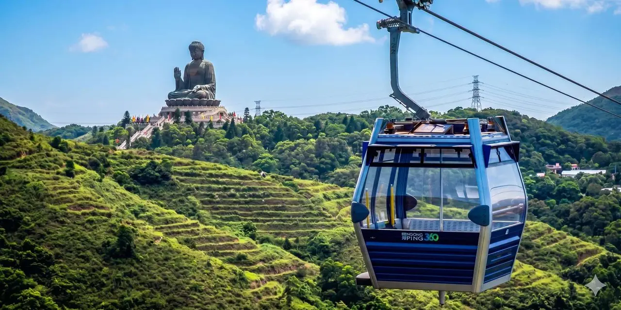 A blue cable-car cabin gliding over green hills on Lantau