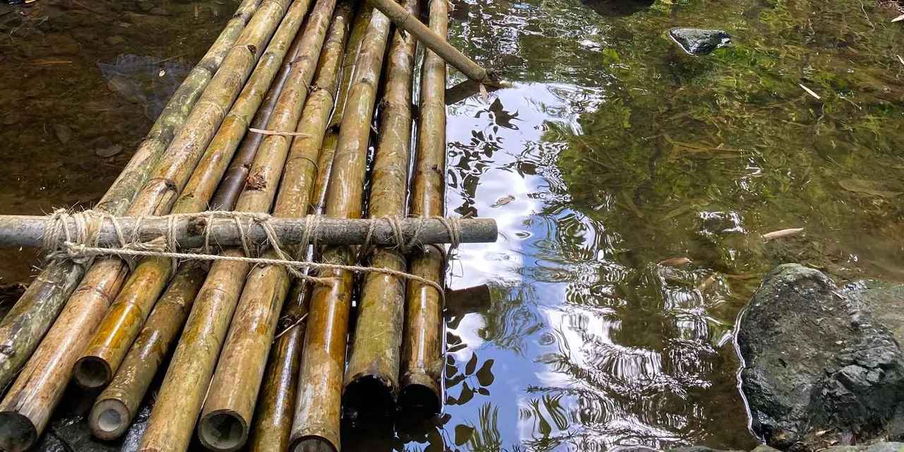 A rustic bamboo footbridge over a rocky forest stream in green tropical woodland