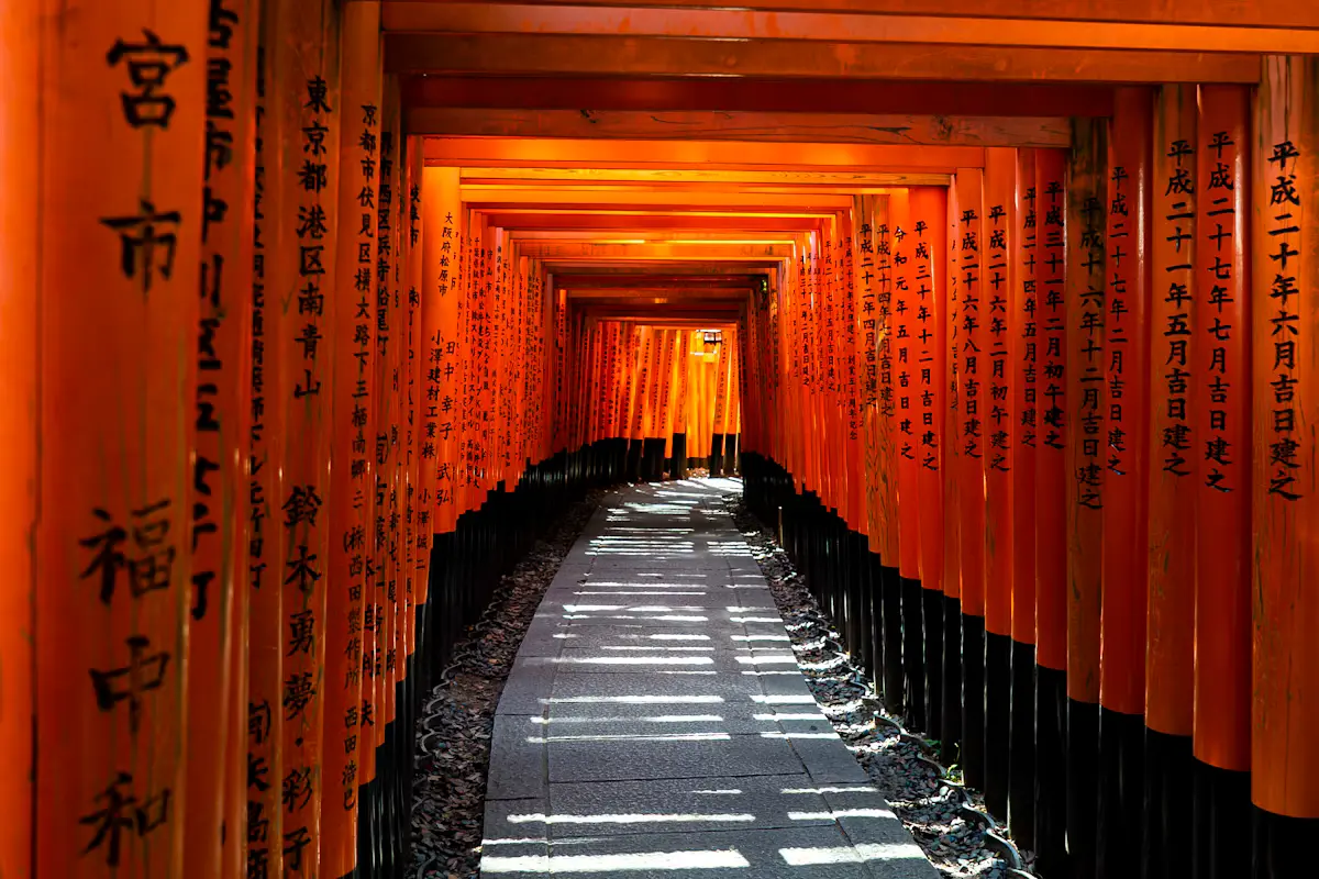 A tunnel of vermilion torii gates inscribed with black lettering at Fushimi Inari in Kyoto