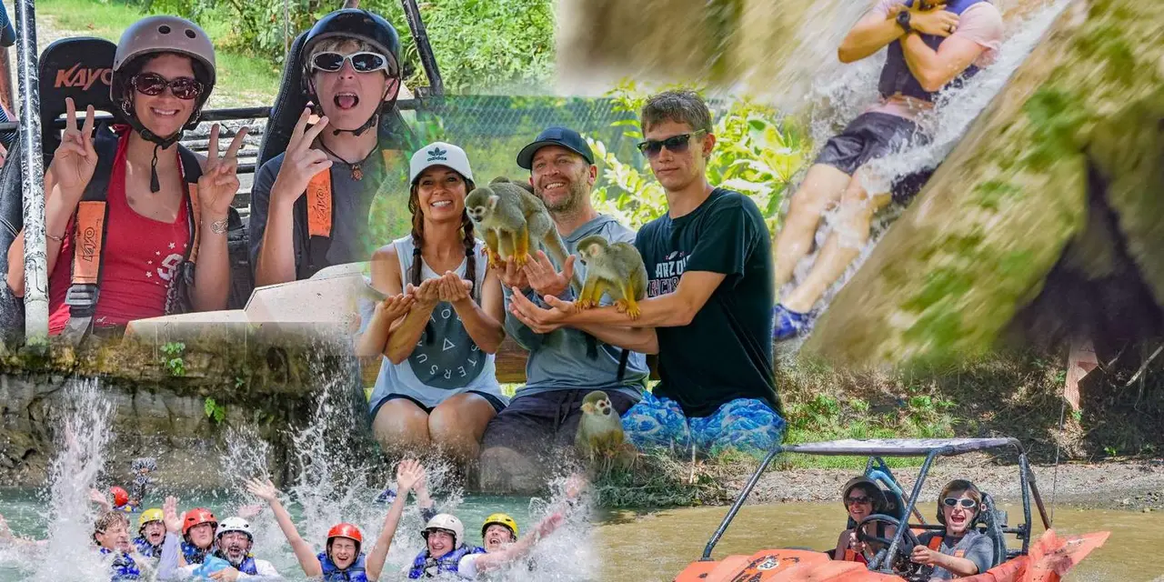 A collage of a group in helmets in a buggy, people holding monkeys, and swimmers in a river