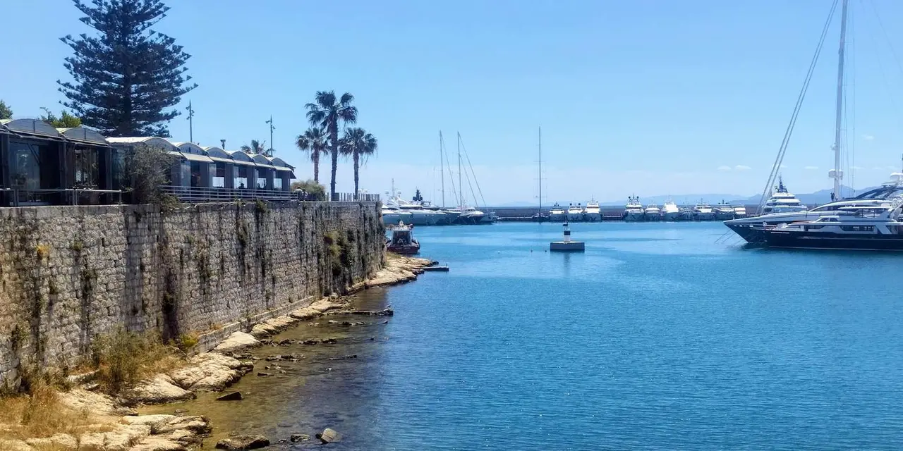 Calm blue harbour water beside an old stone wall, with palm trees and yacht masts behind