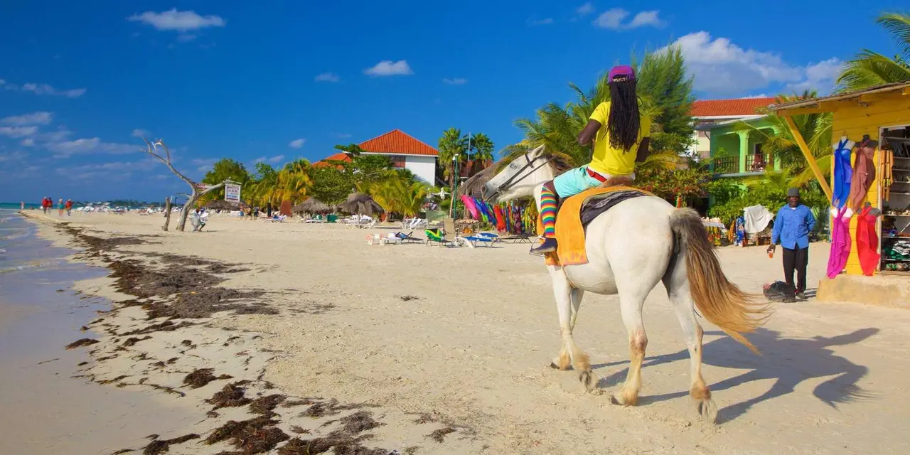 A rider on a white horse on a sandy beach lane lined with colourful stalls