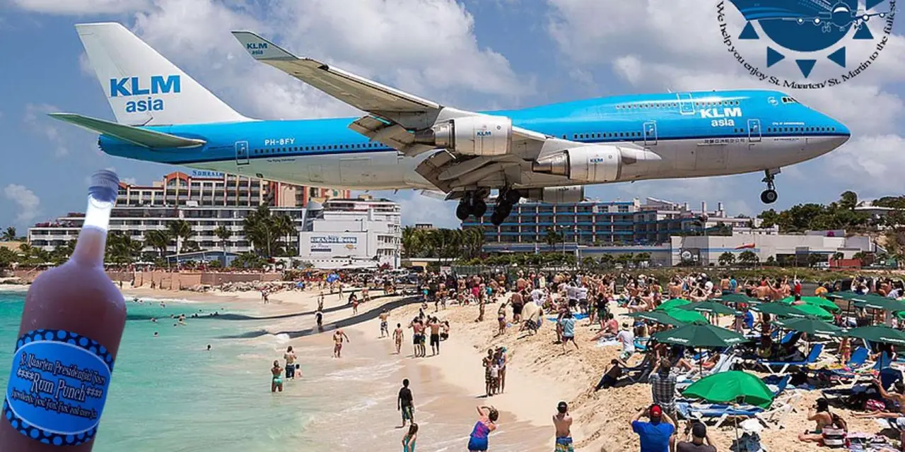 A jet landing low over a crowd of people on Maho Beach, with a round tour logo in the top-right corner